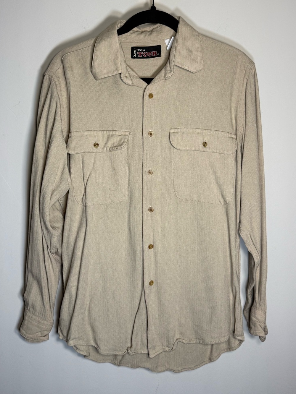 PGA Tour Beige Button-Up Shirt with Red Logo